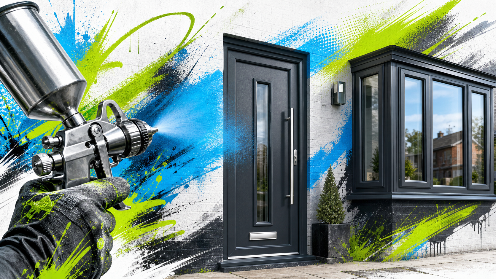 Spray gun painting an anthracite door and window with bright graffiti paint